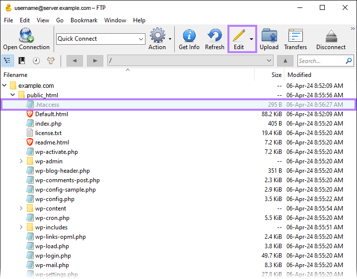 Cyberduck FTP client interface with access to a website's public_html files.