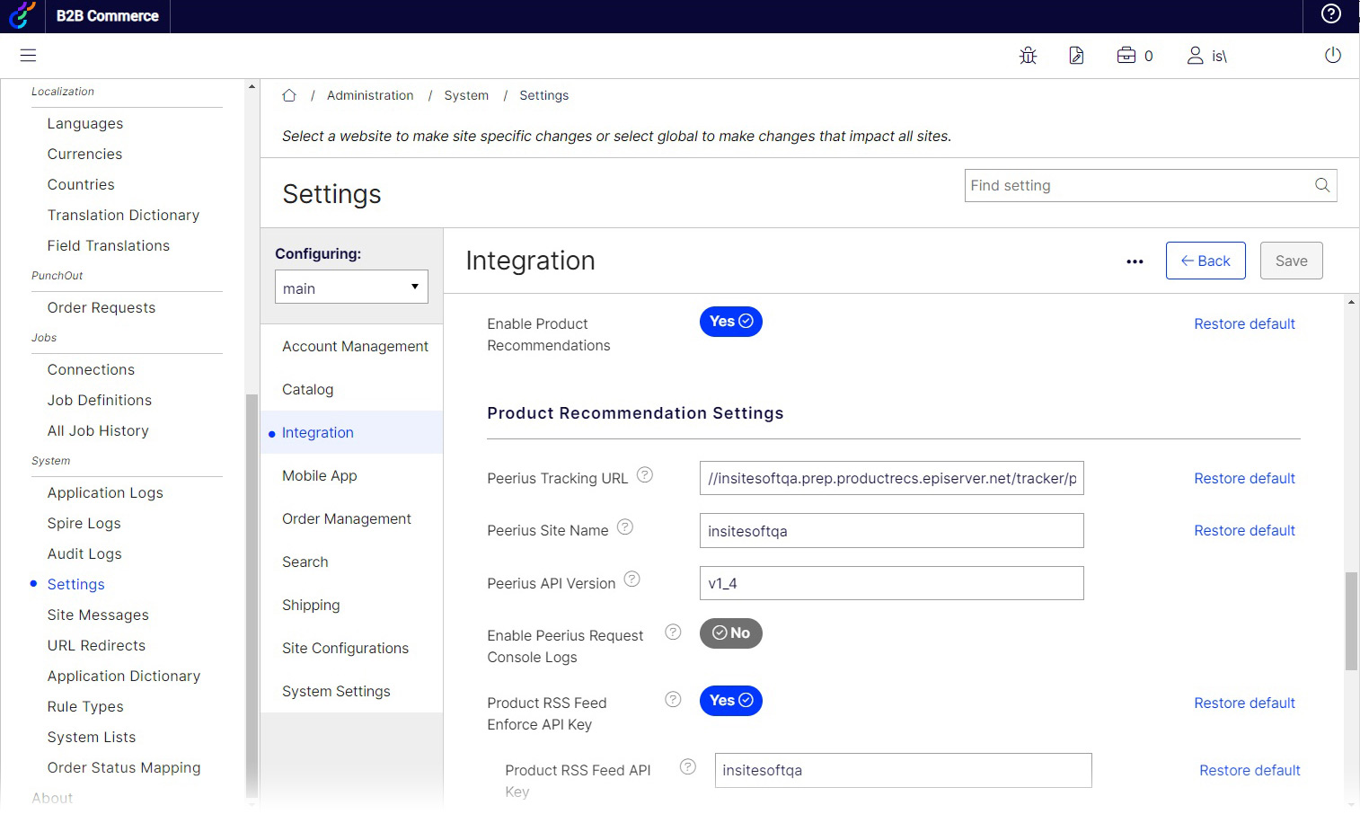 Configured Commerce's settings integration page