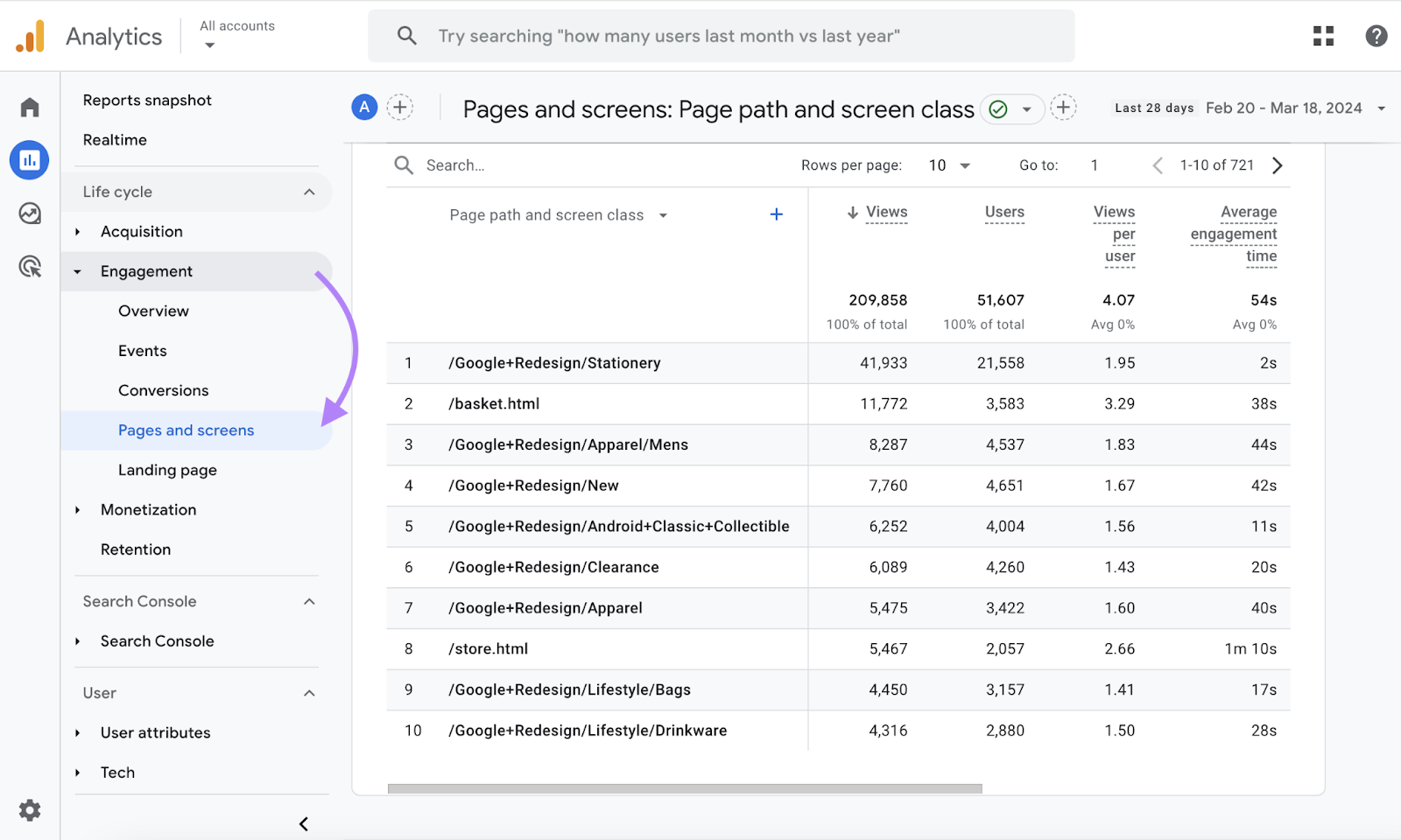 Navigating to “Reports” > “Engagement” > “Page and screens" in GA4