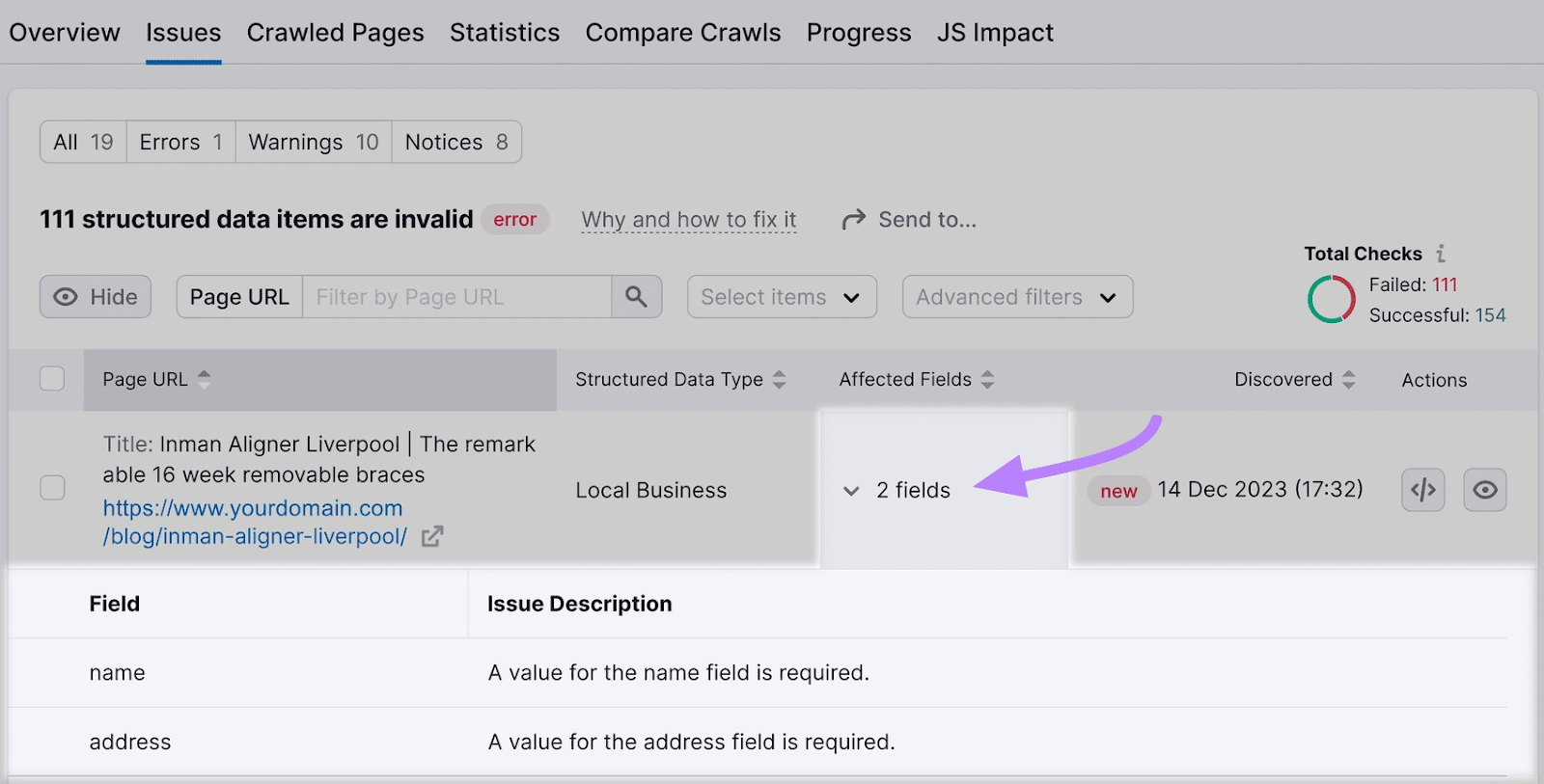 Structured data issues page