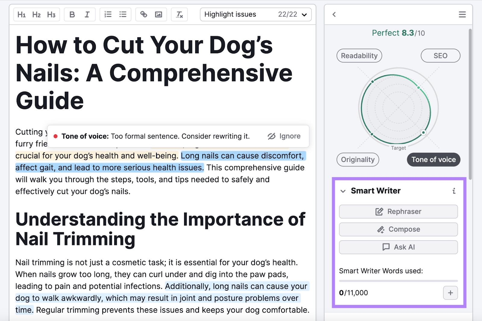 Smart Writer tools such as rephraser, compose, and ask AI are highlighted