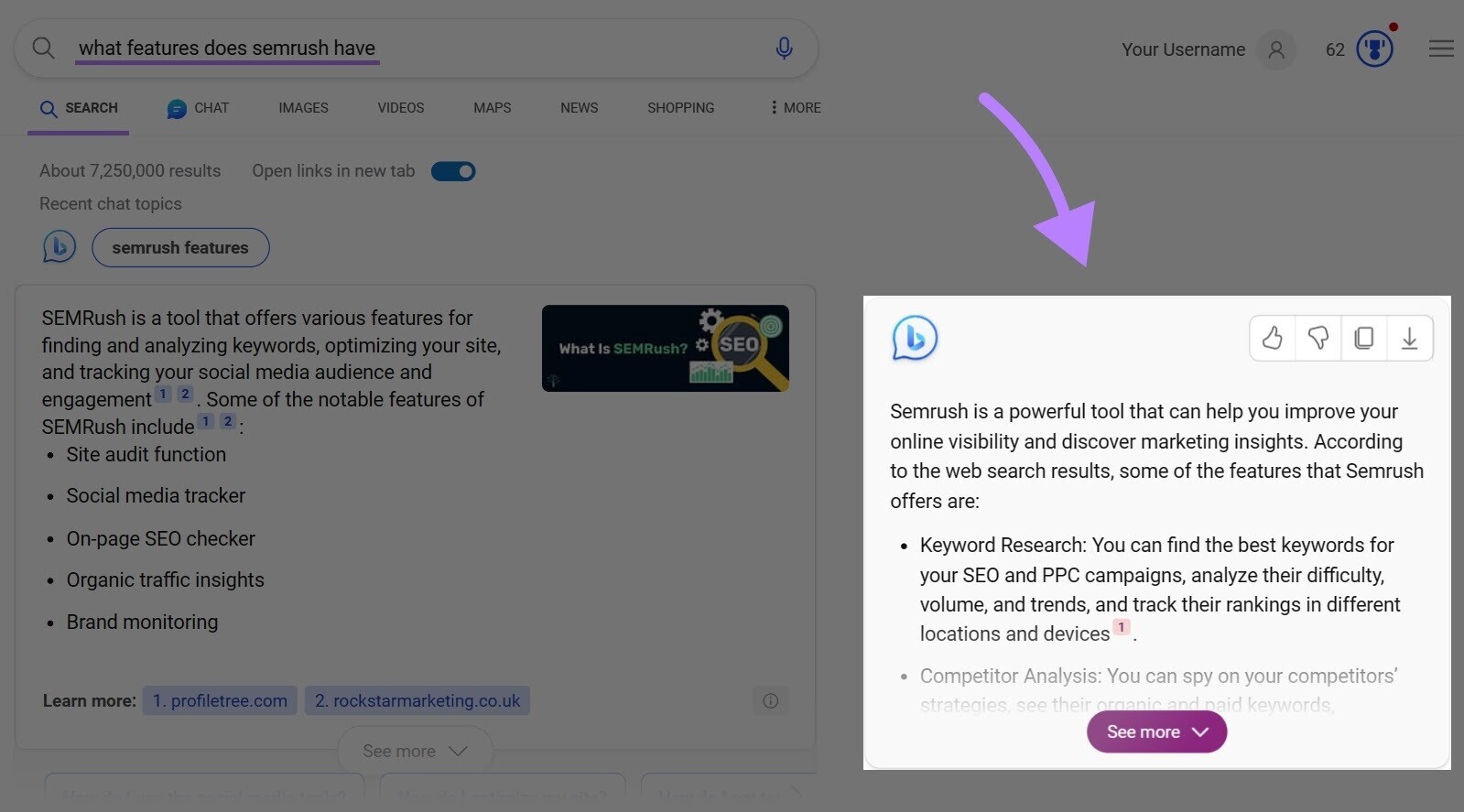 an example of Bing Chat appearing on SERP for "what features does semrush have" query