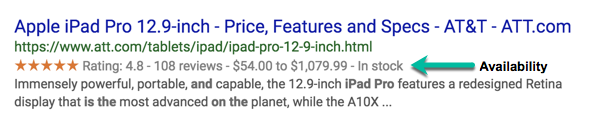 A screenshot of a rich result for an iPad Pro at Best Buy which clearly shows the availability of the item to the user