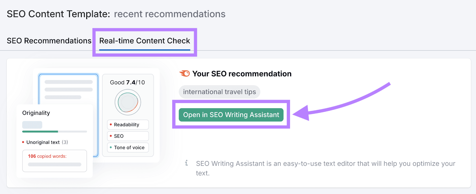 Real-time Content Check tab with a button that opens SEO Writing Assistant