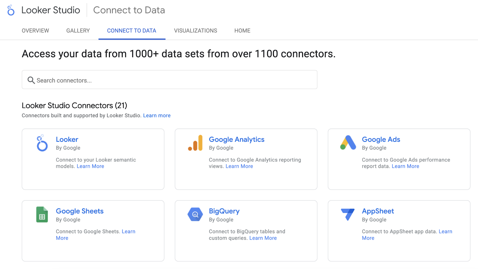 Looker Studio connectors include Google Analytics, Google Ads, Sheets, and others.