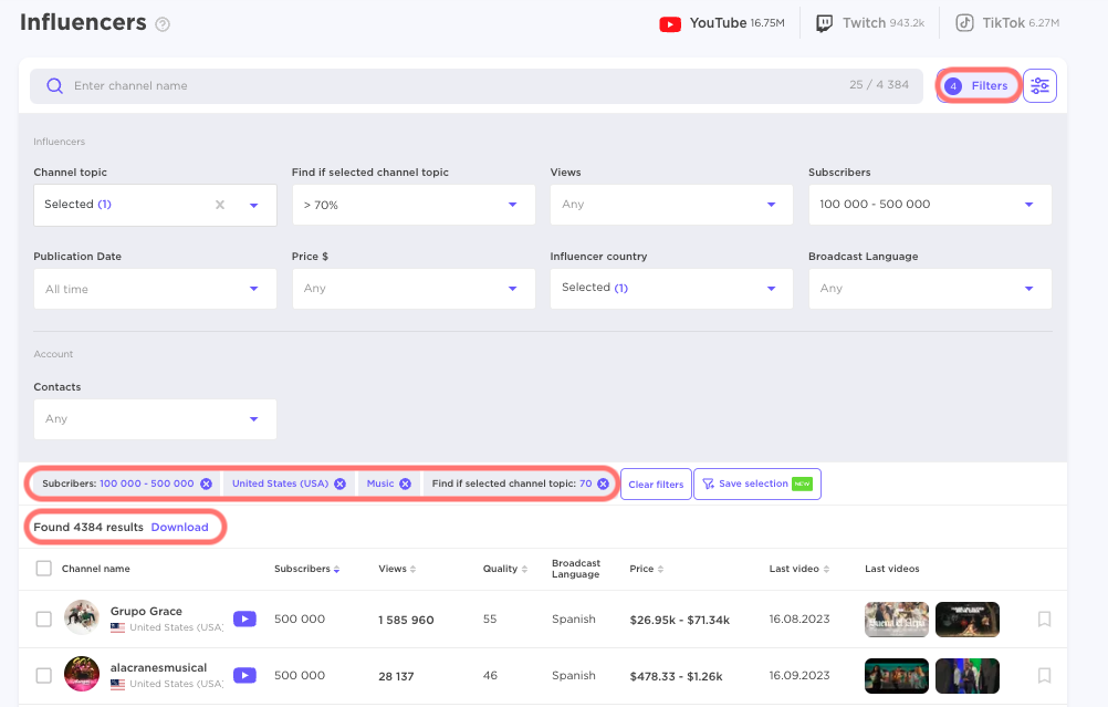 Influencers filtering page in Influencer Analytics app