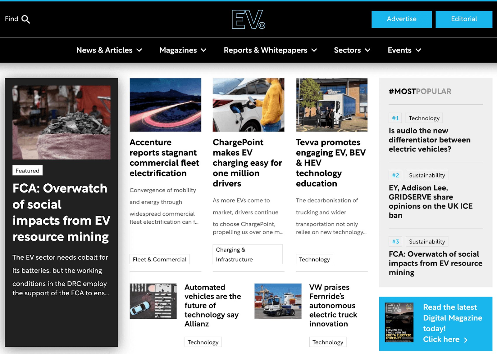 EV Magazine's landing page