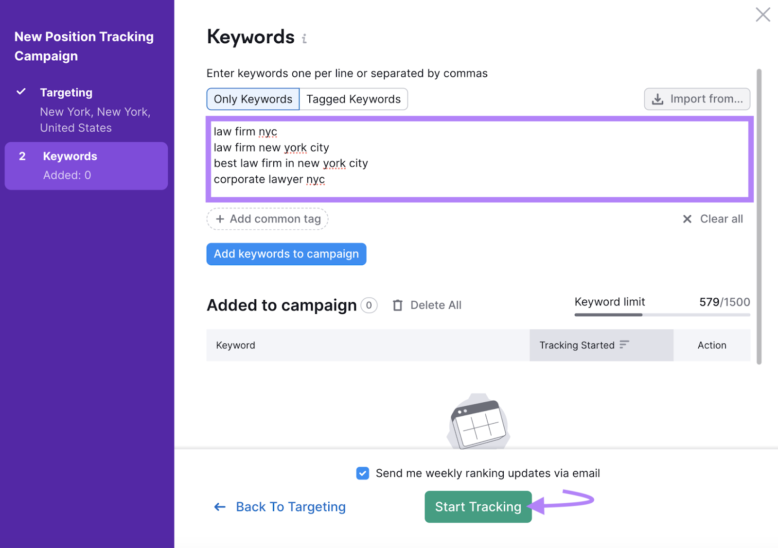 "Keywords" window in Position Tracking tool settings