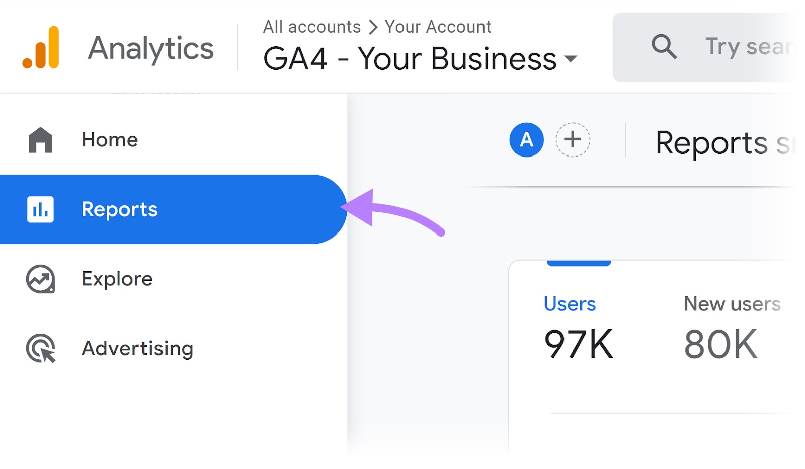 “Reports” highlighted in GA4' left-hand navigation bar