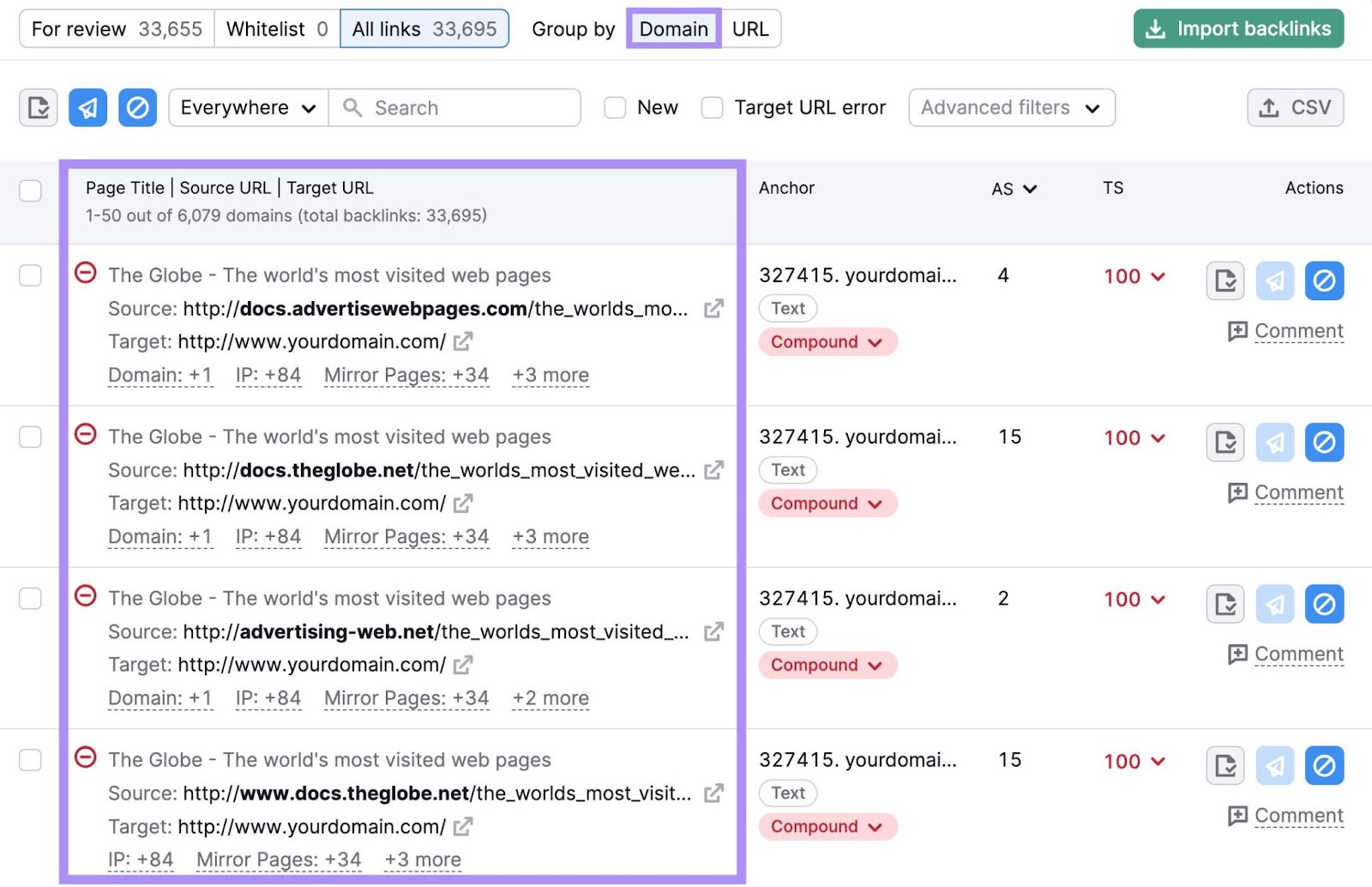 A complete list of backlinks in the Backlink Audit tool