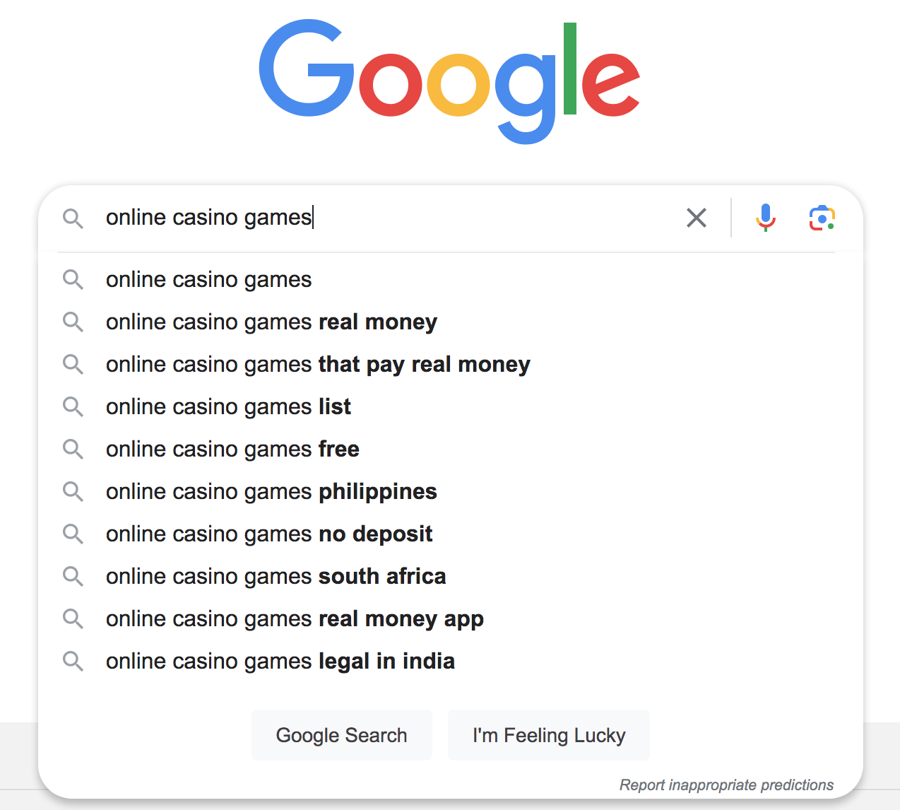 Google autocomplete suggestions when typing "online casino games"