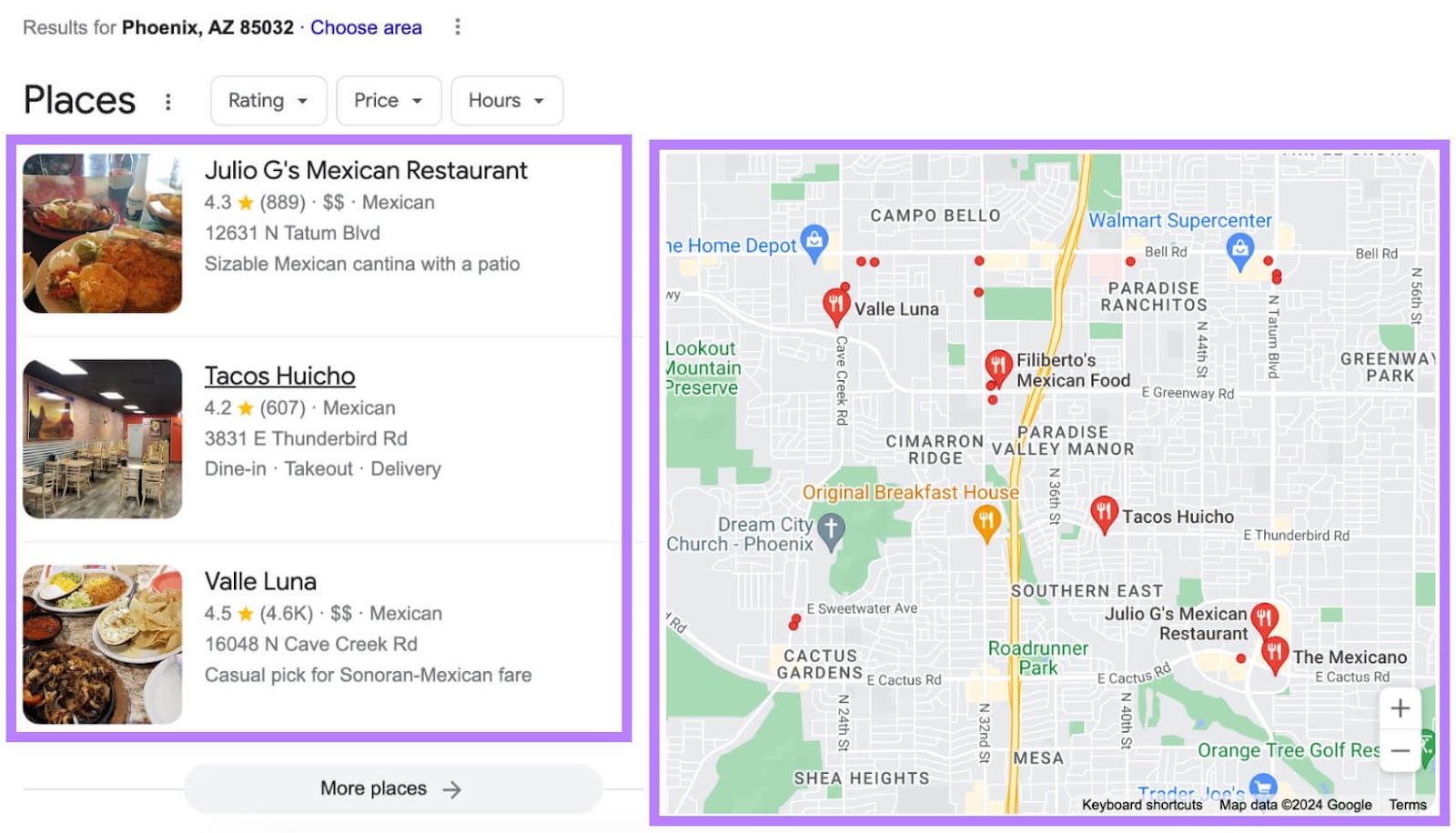 Google’s local pack showing a map of business locations and three business listings