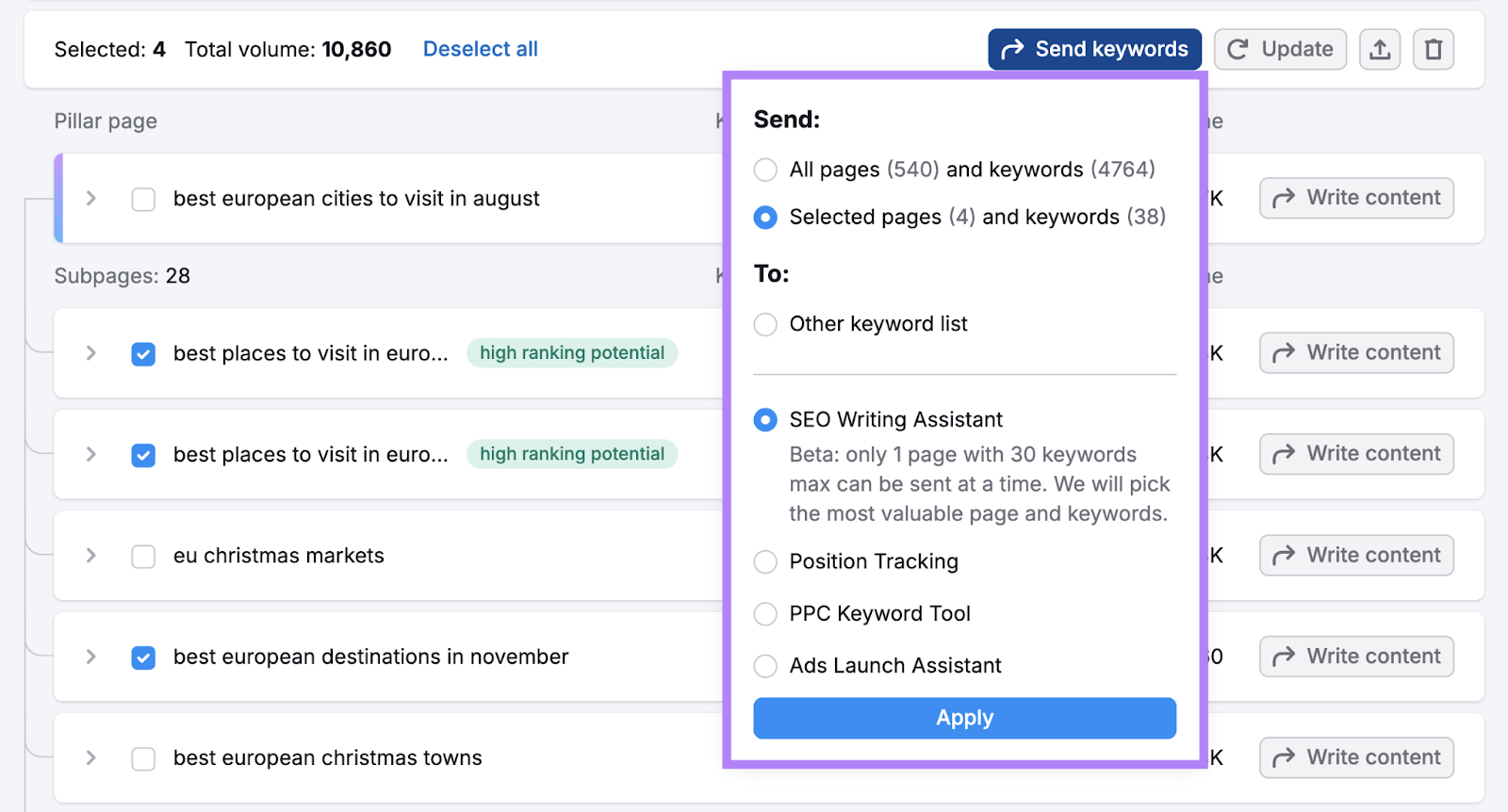 send keywords options highlighted which also includes position tracking, ppc keyword tool, and ads launch assistant