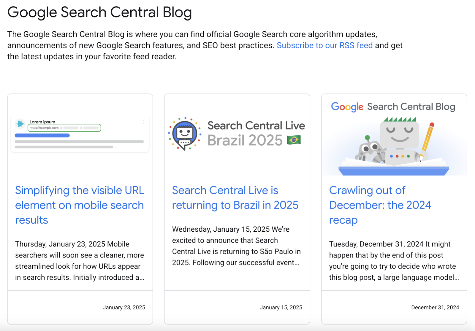 Google Search Central's SEO blog features articles on simplifying the visible URL on mobile and recapping 2024.