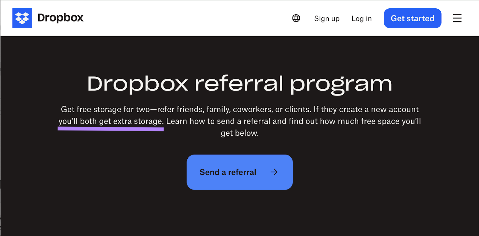 dropbox saas marketing referral program page states "you'll both get free extra storage" in their offer