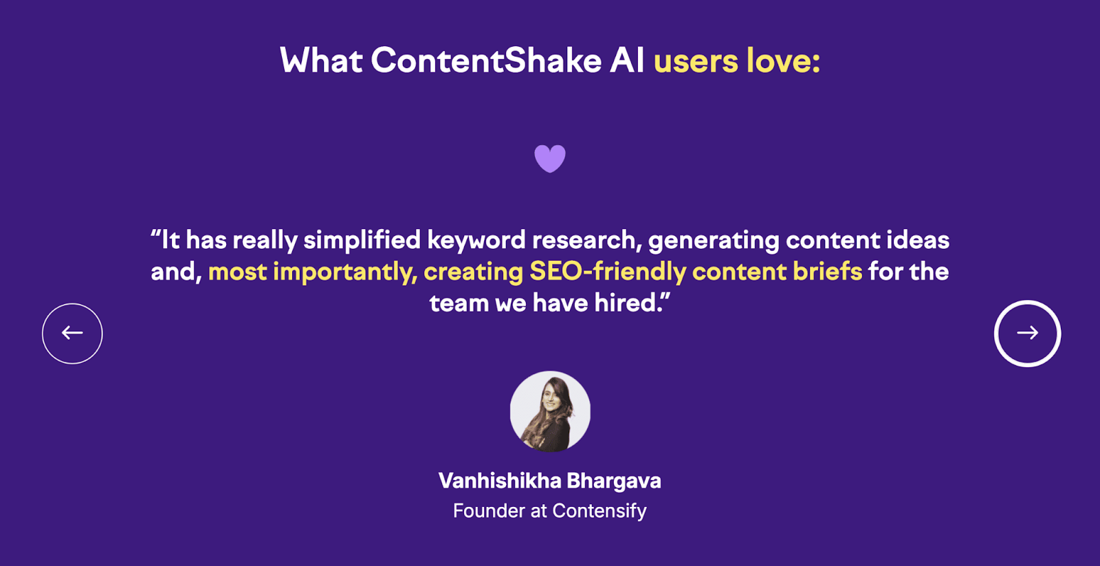 Positive review on ContentShake AI's landing page that demonstrates the tool's benefits