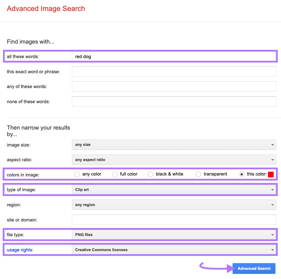 "red dog" and other criteria entered into Google's Advanced Image Search filters