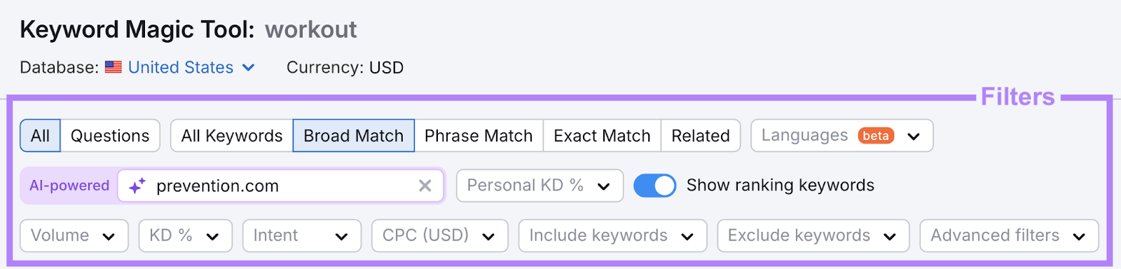 keyword filters are highlighted