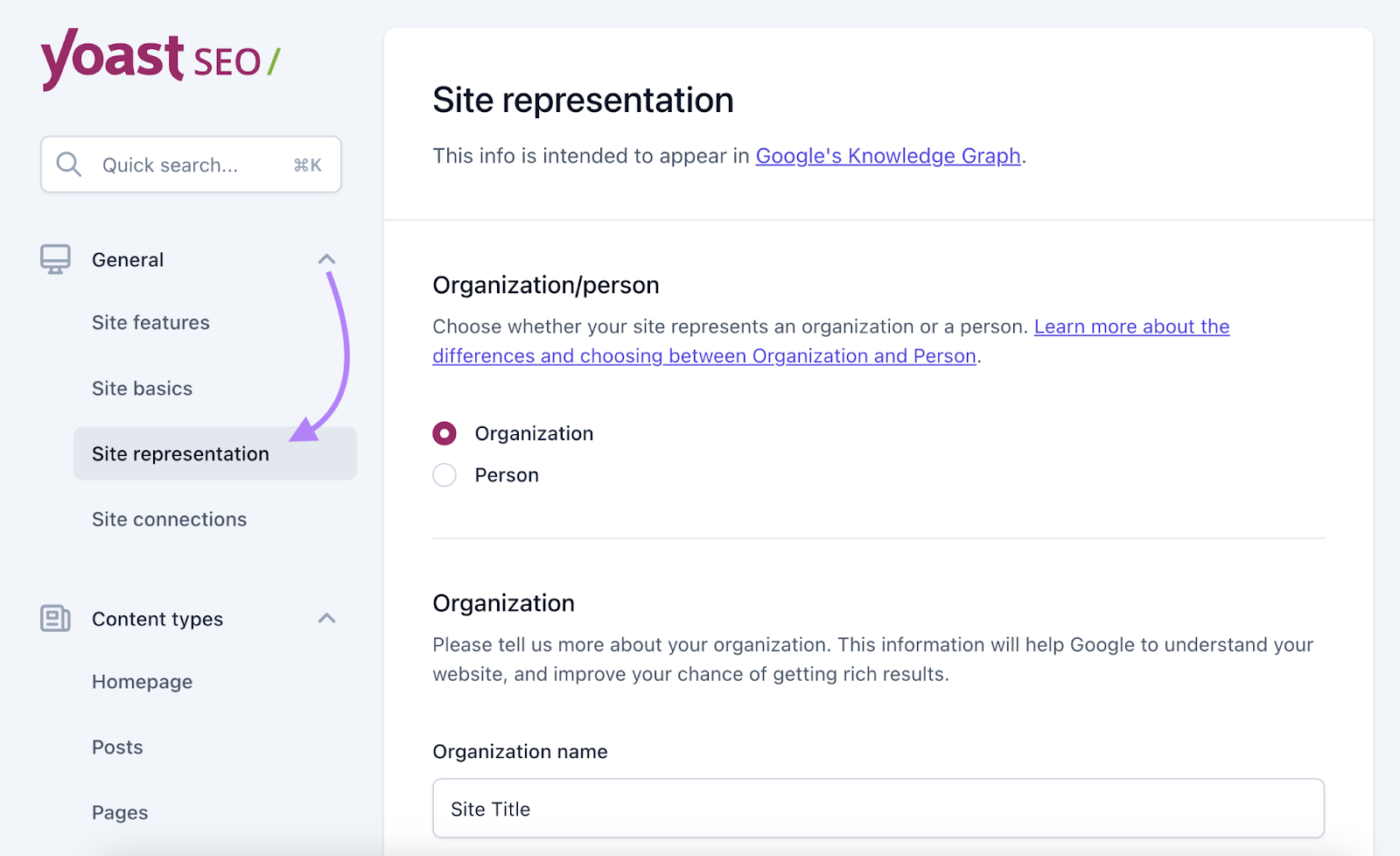 Navigate to Site representation in Yoast SEO