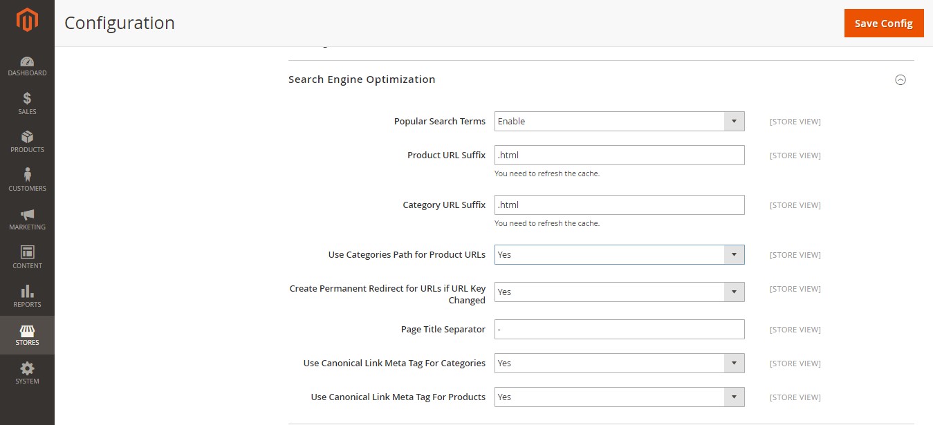 Set the Global Search Engine Optimization configuration