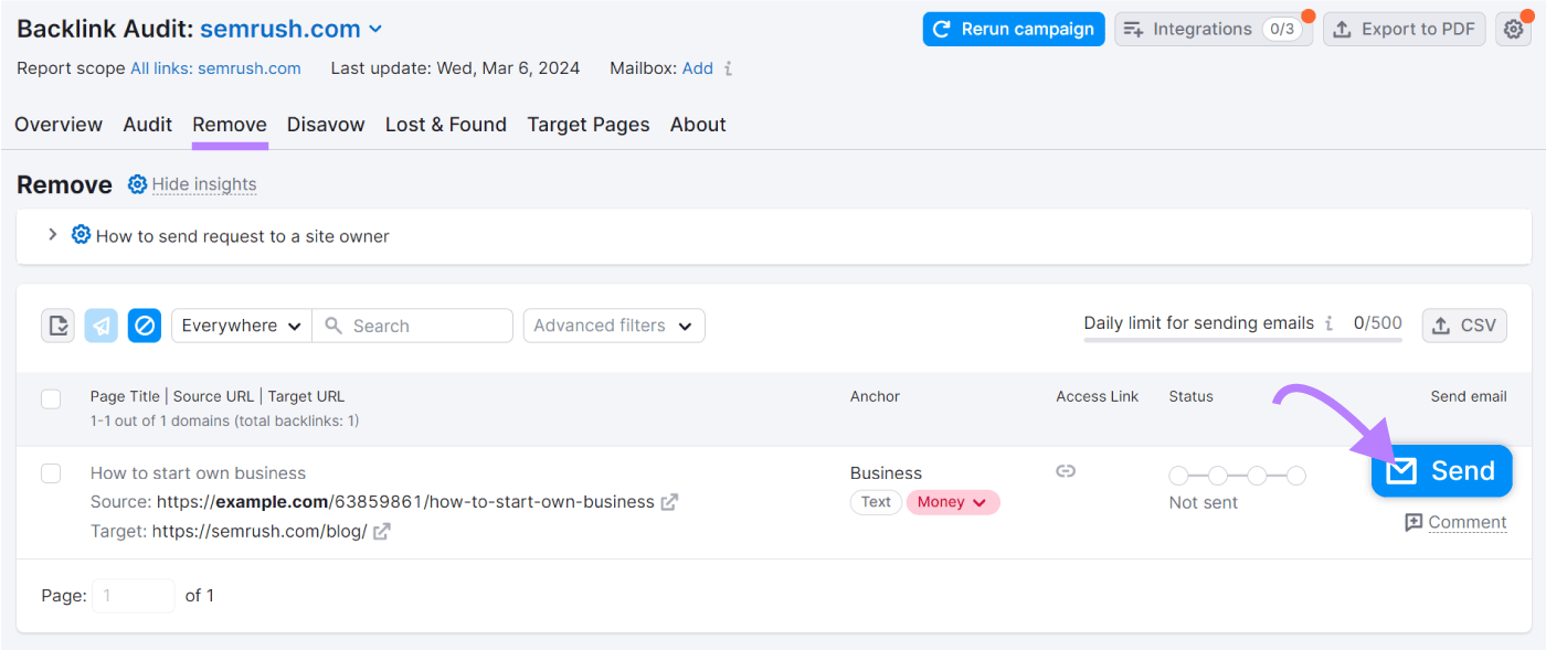“Send” button next to a link under "Remove" tab in Backlink Audit tool