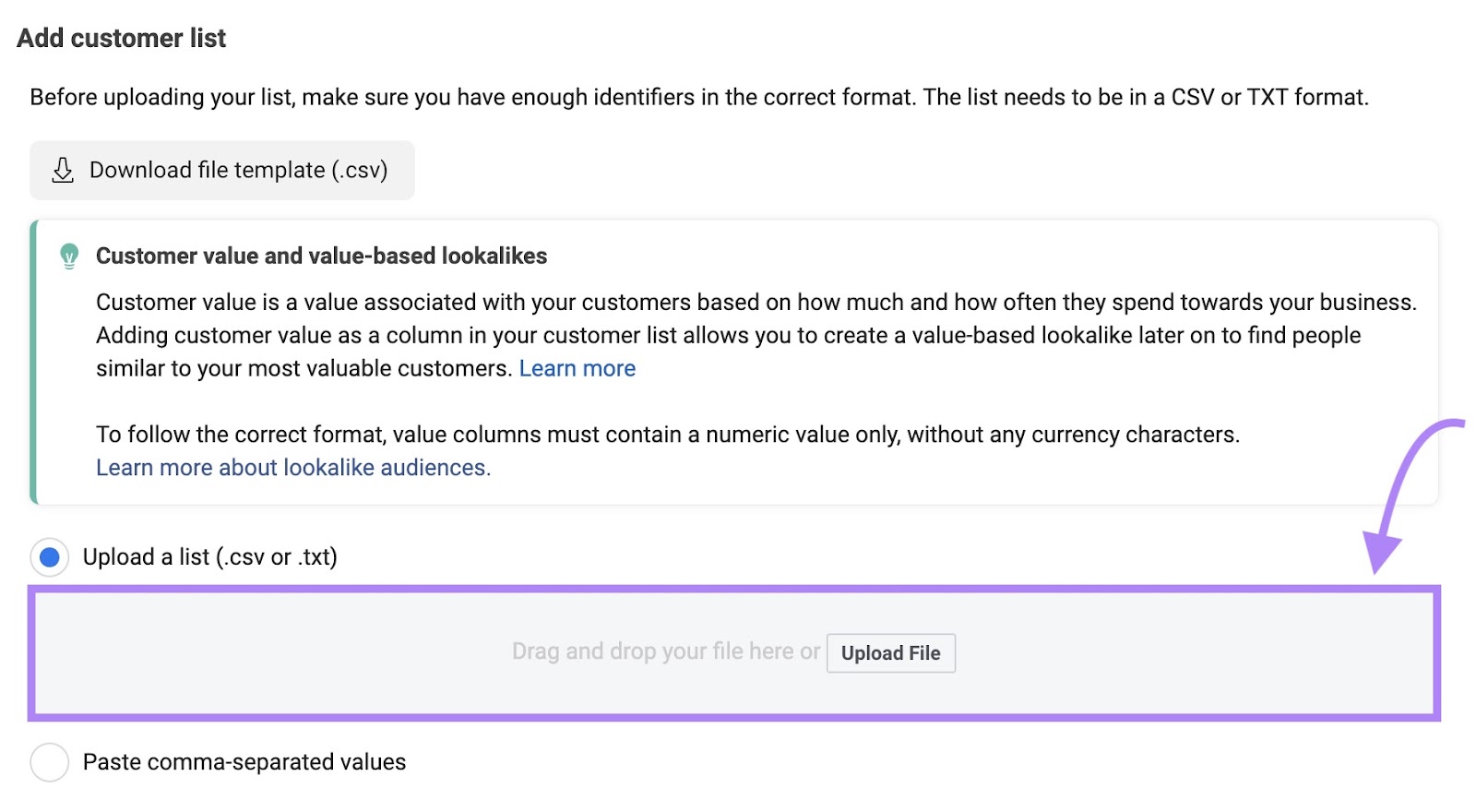 Option to upload a CSV or text file of your email list for a remarketing campaign on Meta Ads Manager.