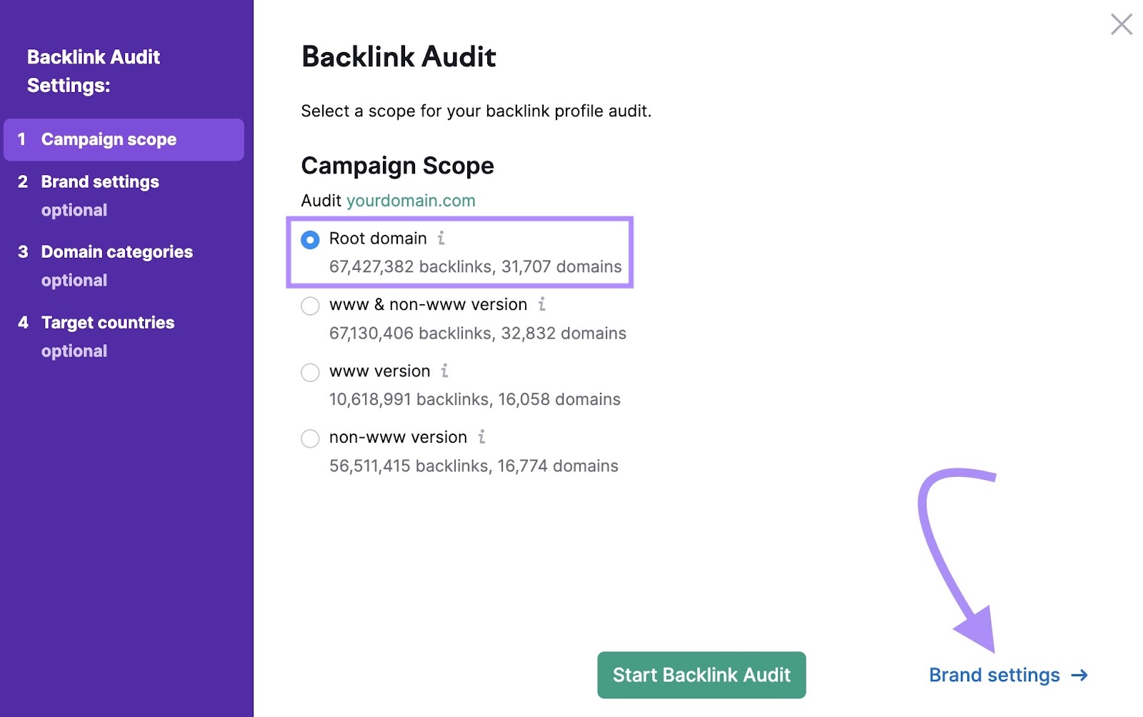 "Bran settings" button highlighted in the Backlink Audit settings window