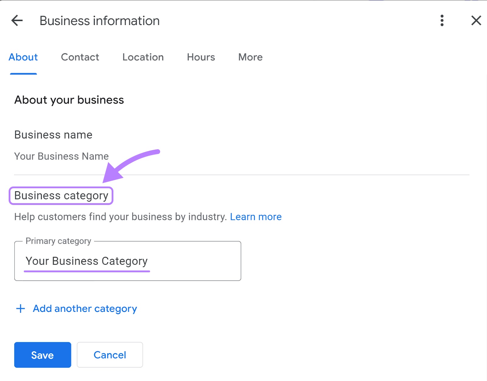 “Business category” highlighted in GBP page