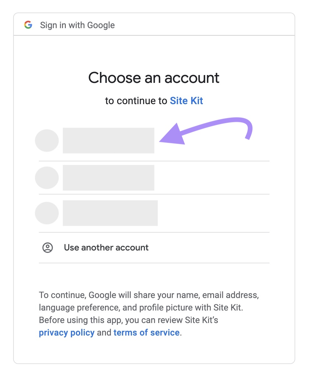 Sign-in to Google account to continue to Site Kit window