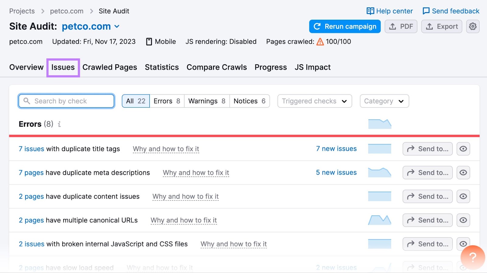 "Issues" tab in Site Audit for "petco.com"
