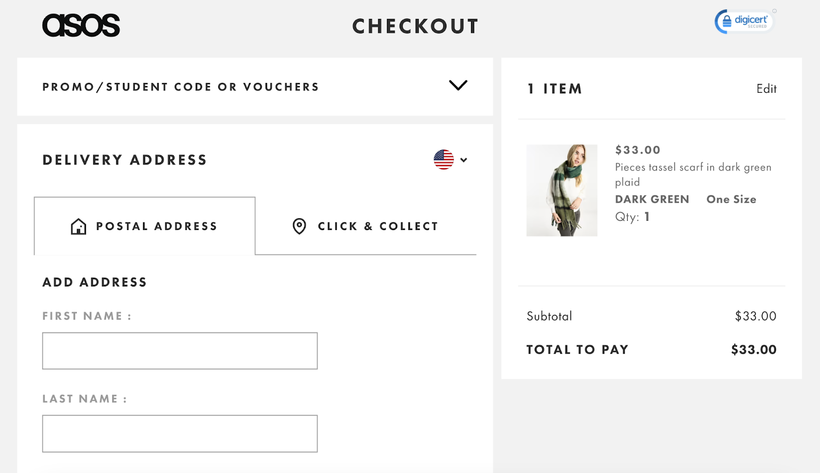 checkout shows fields for delivery address on the left and the items in cart on the right