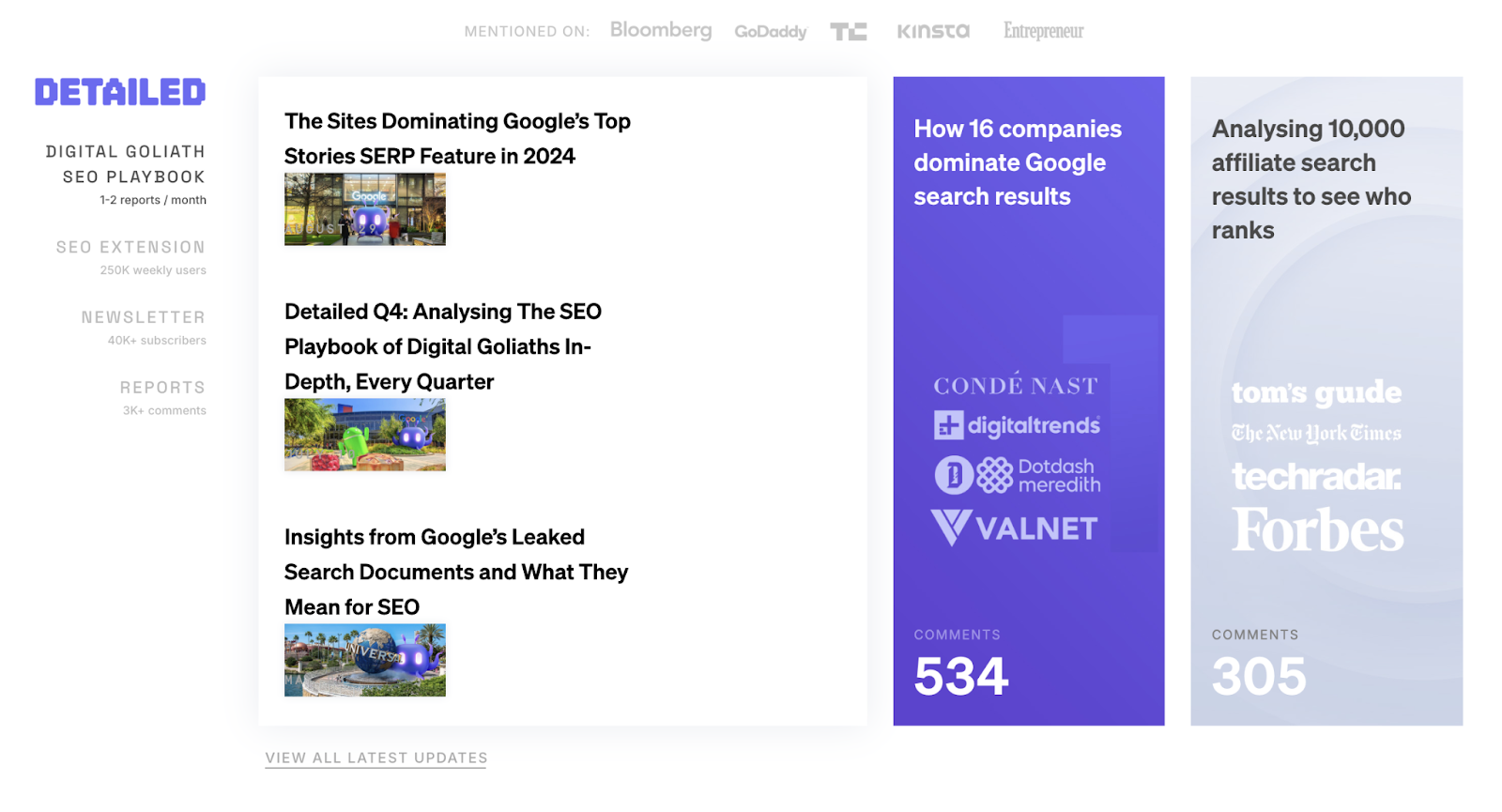 Detailed's SEO blog features articles on sites dominating Google's top stories SERP feature and insights from Google's leaked search documents.