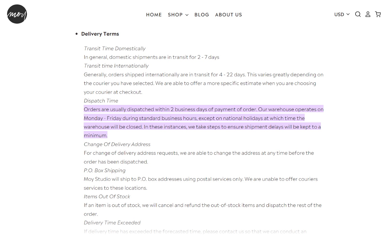 A section of shipping and delivering policy from Moy Studio's site