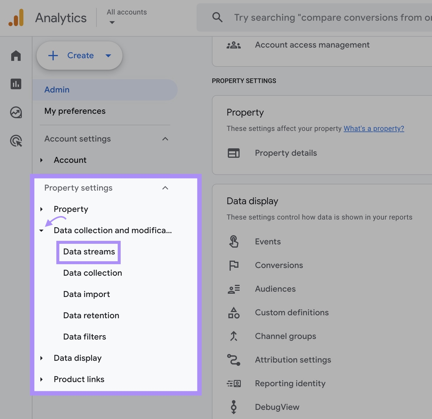 “Property settings" pop-up in GA4 admin