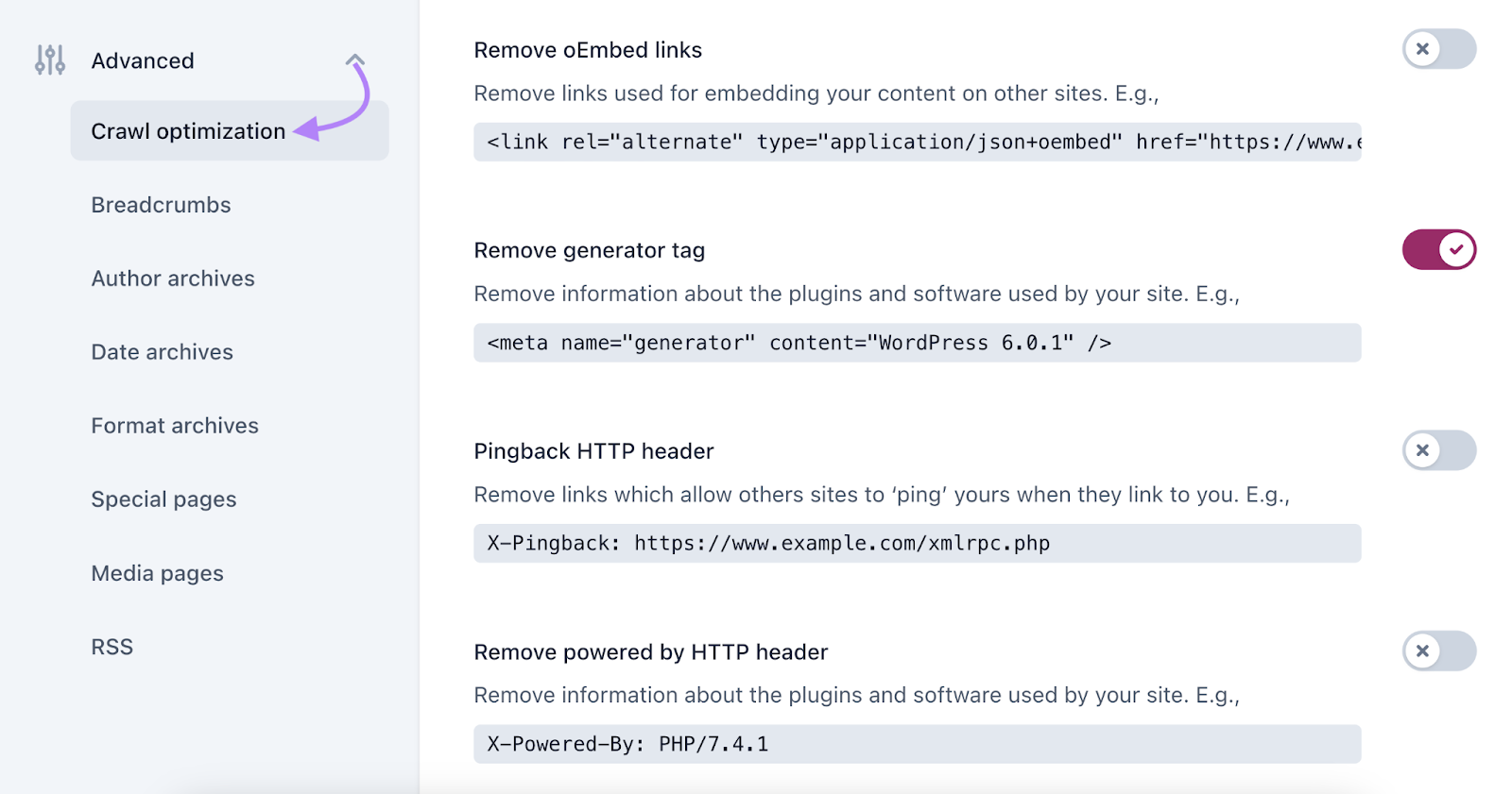 Navigate to crawl optimization and toggle on Remove generator tag