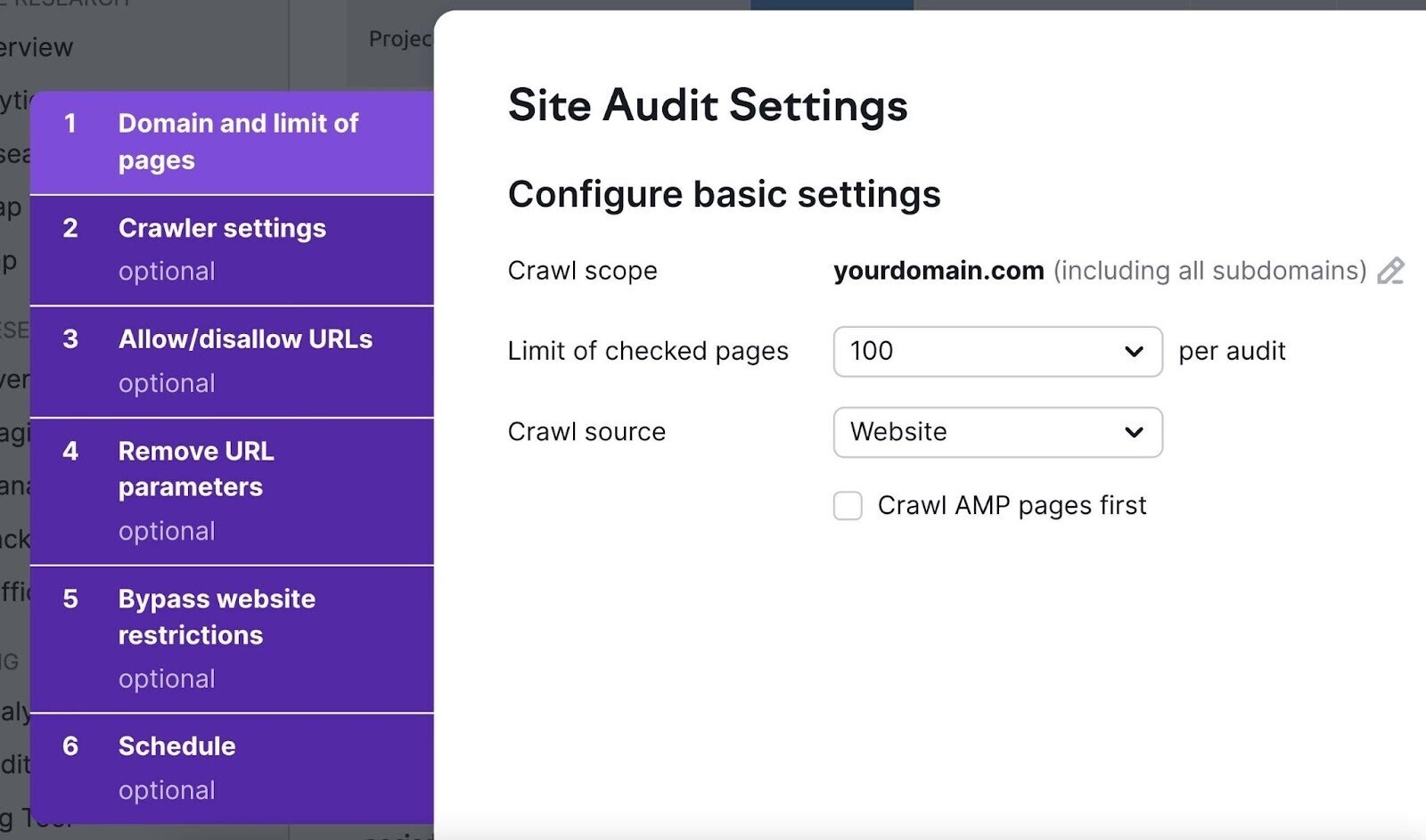 Site Audit settings page to set crawl scope, source, and limit of checked pages