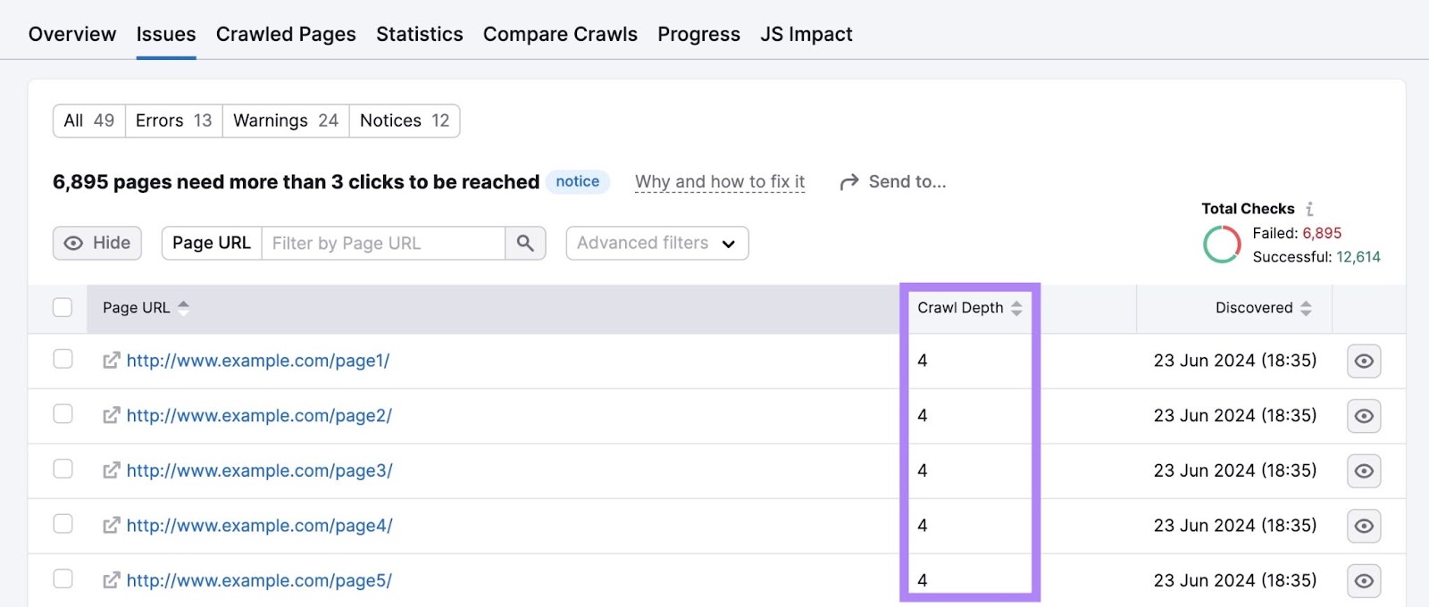 A list of pages that need more than three clicks to be reached on Site Audit Issues