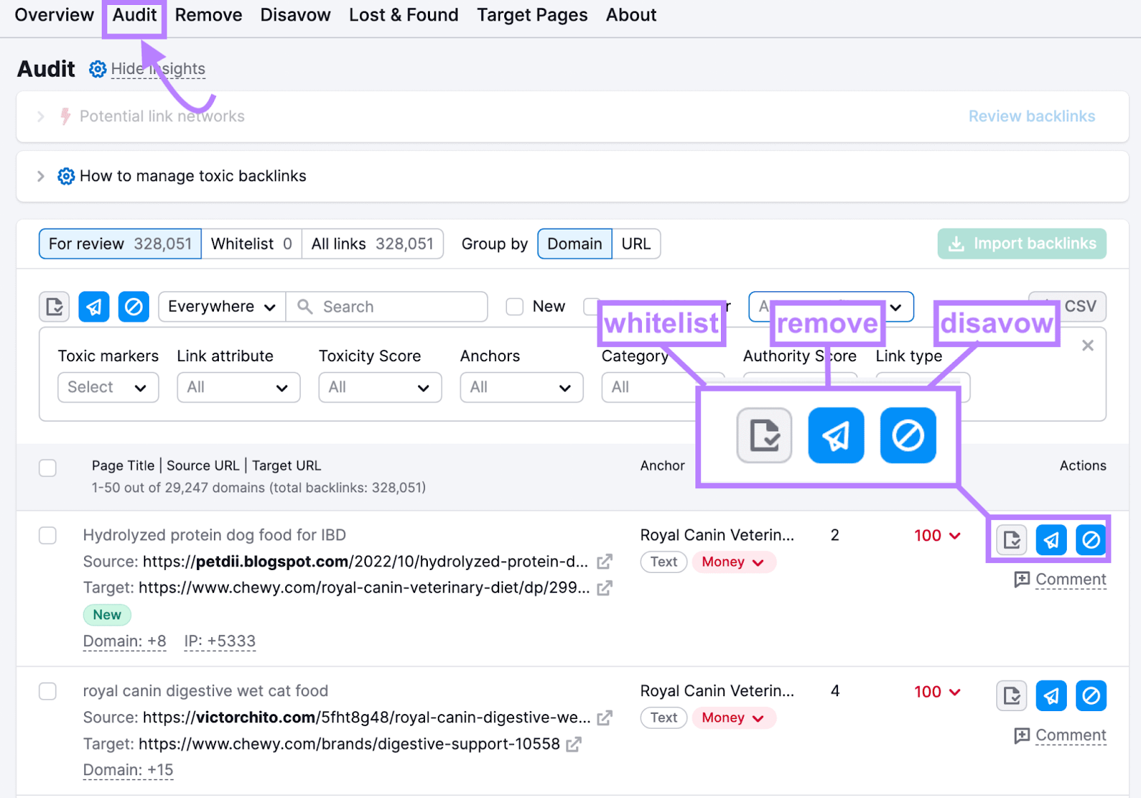 "Audit" dashboard in Backlinks Analytics