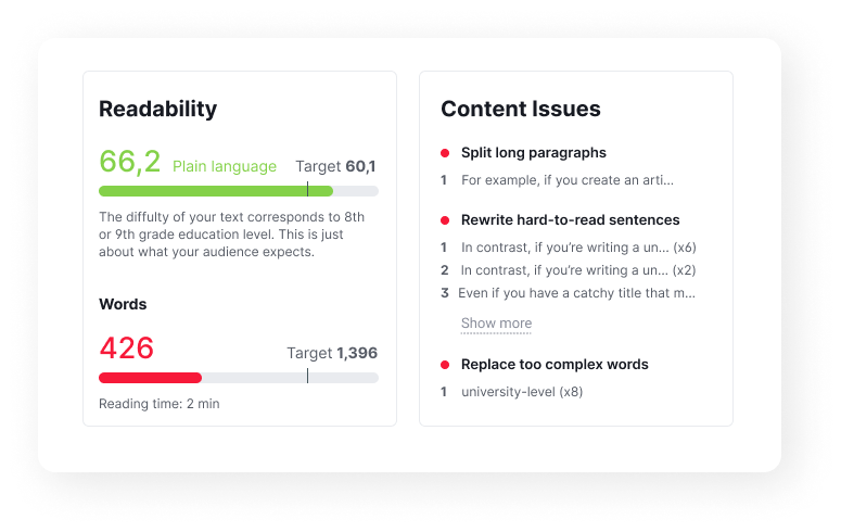 SEO Writing Assistant shows readability, word count, and content issues for text in a Google doc.