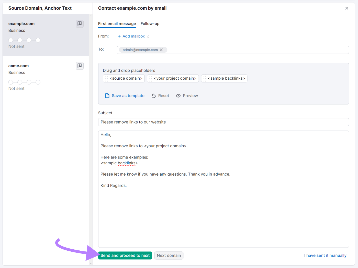 An email interface within Backlink Audit tool