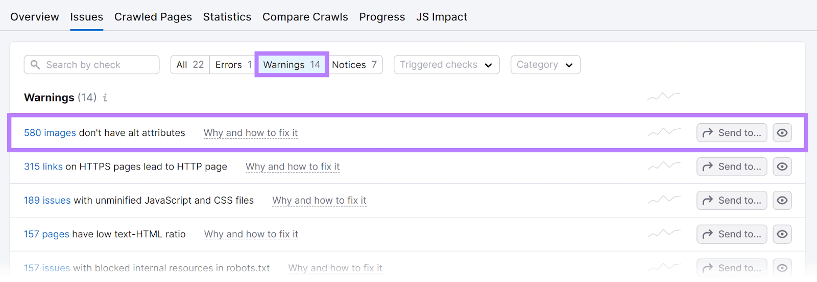 Issues report with Warnings filter selected and row showing images without alt attributes error highlighted.