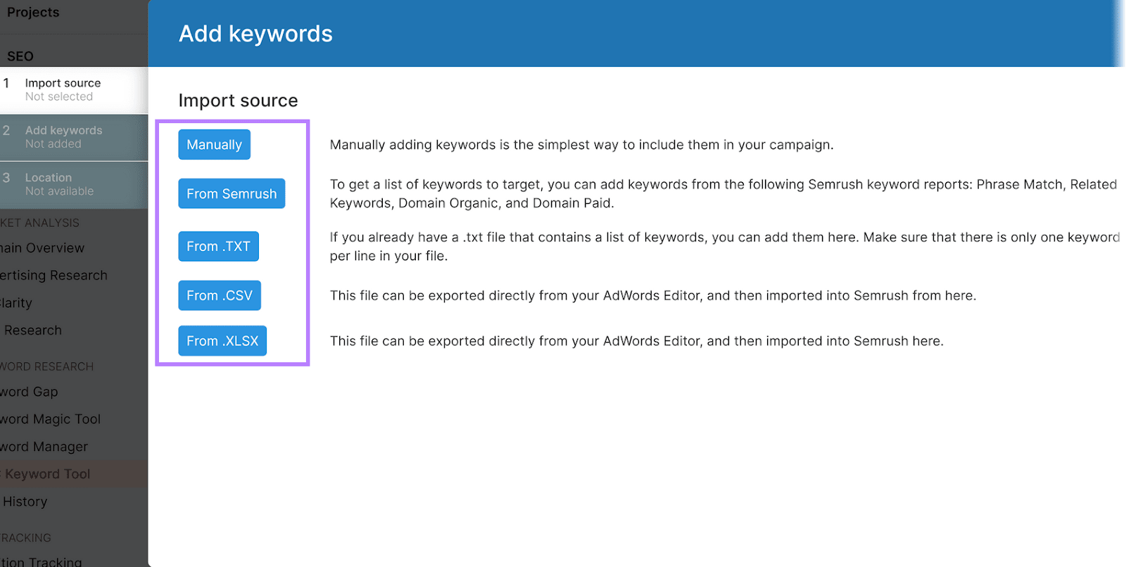 PPC Keyword Tool interface titled "Add Keywords," featuring various options for import sources in a purple box.