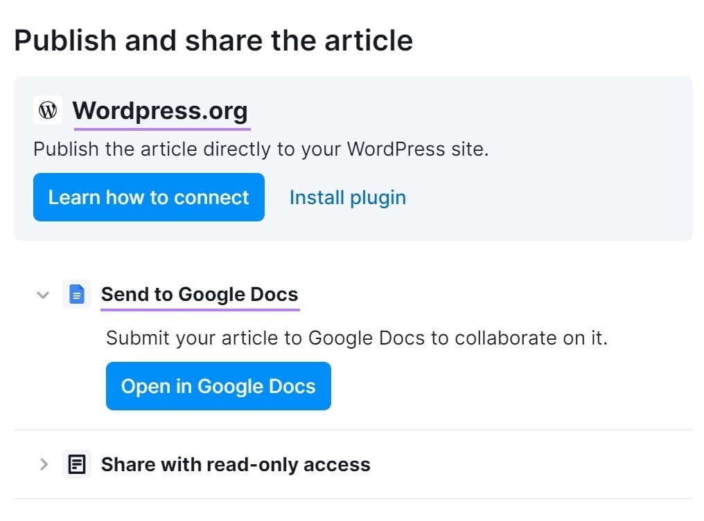 "Publish and share the article" popup window in ContentShake AI