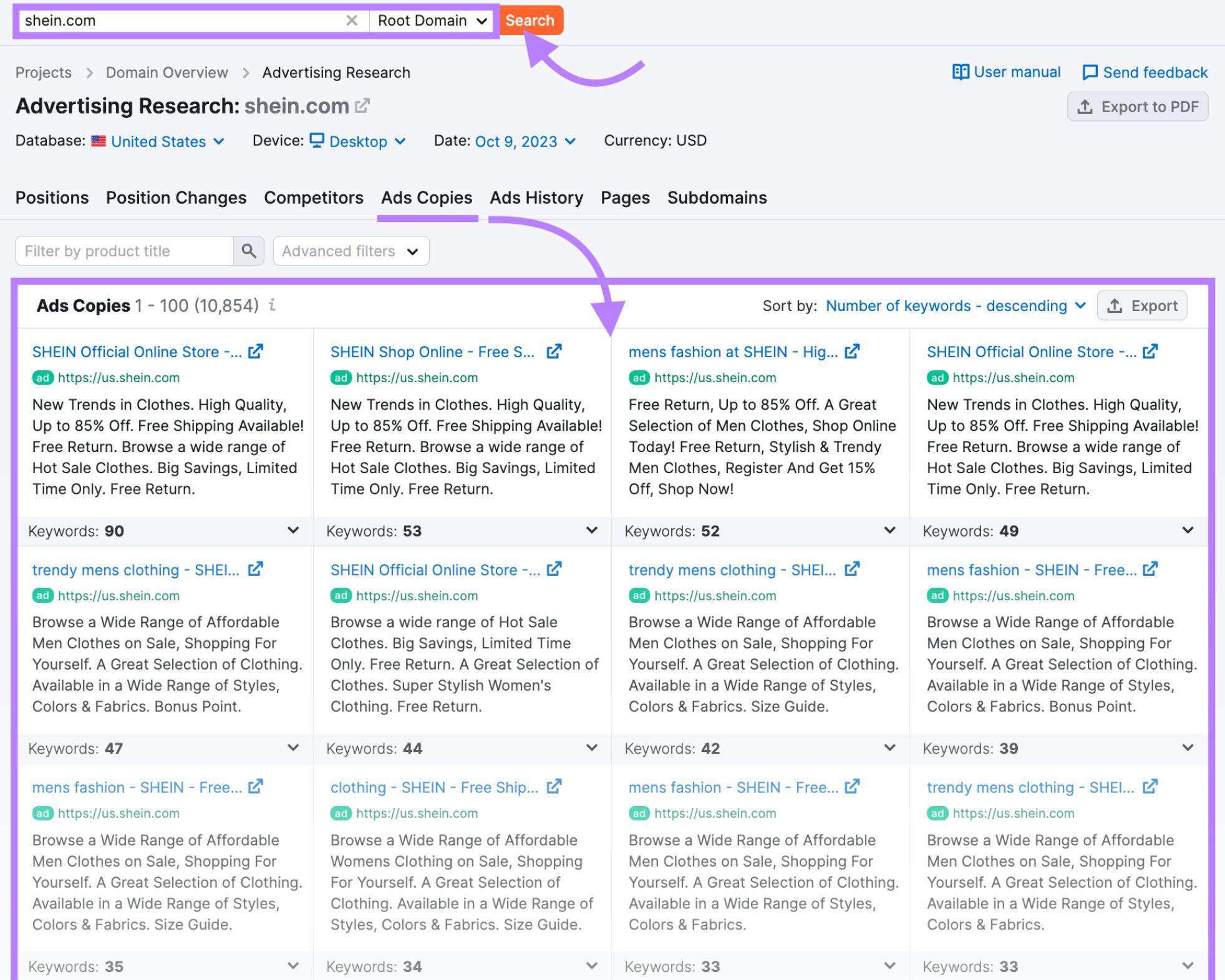 “Ad Copies” table for shein.com in Advertising Research