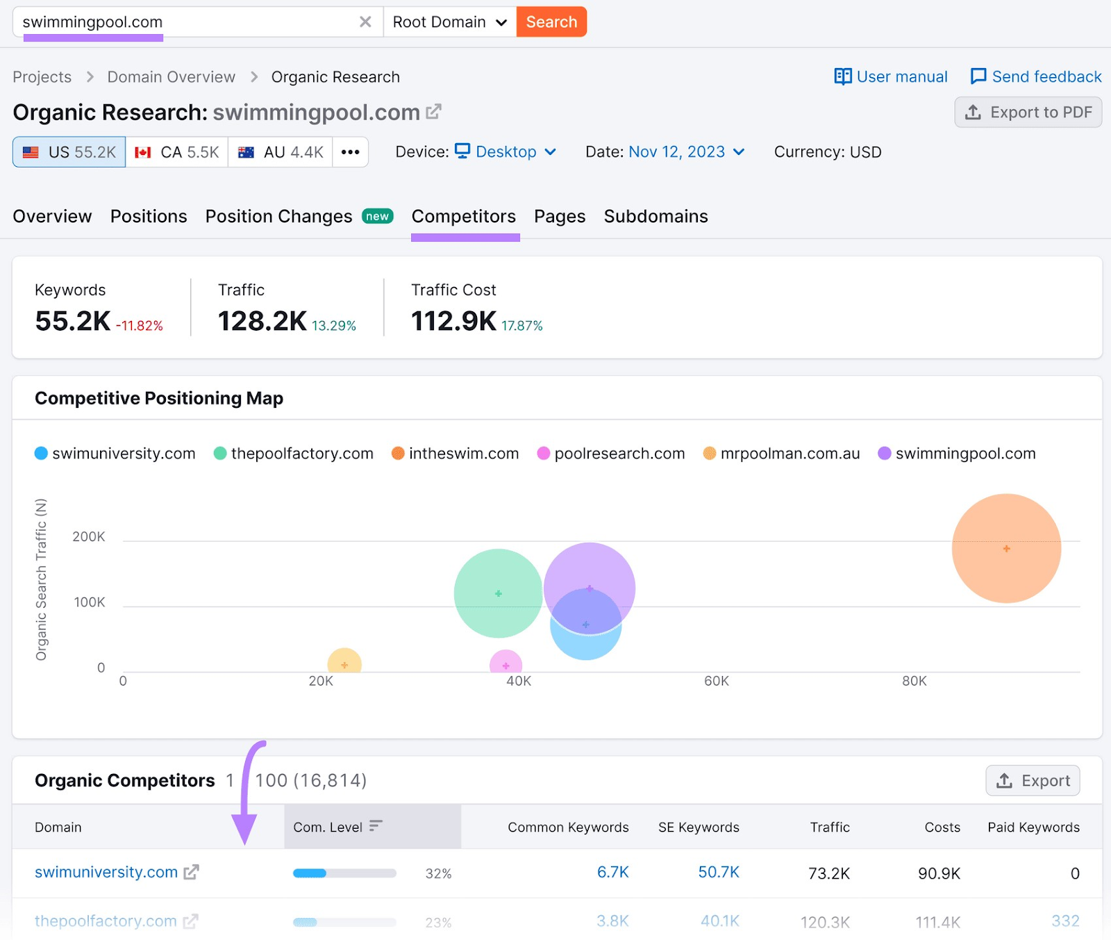 Competitors report in Organic Research tool