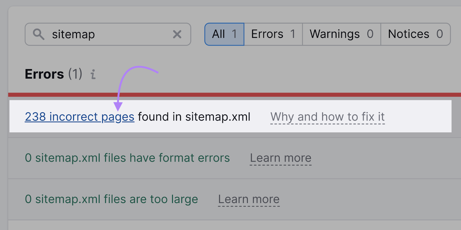 "238 incorrect pages found in sitemap.xml" on Site Audit Issues clicked