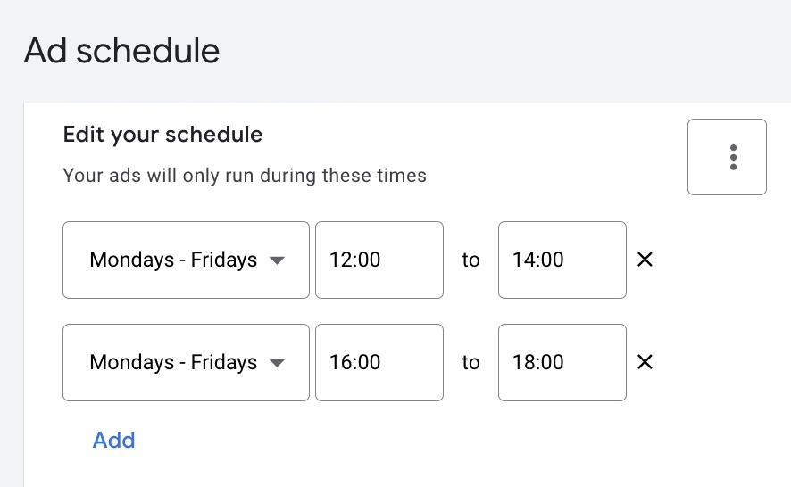 Google Ads scheduling interface.