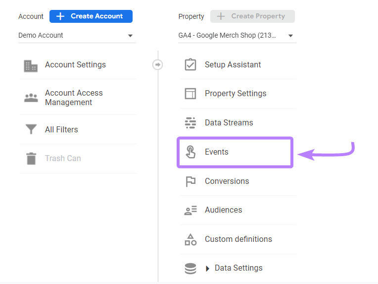 “Events” selected from the GA4 property settings