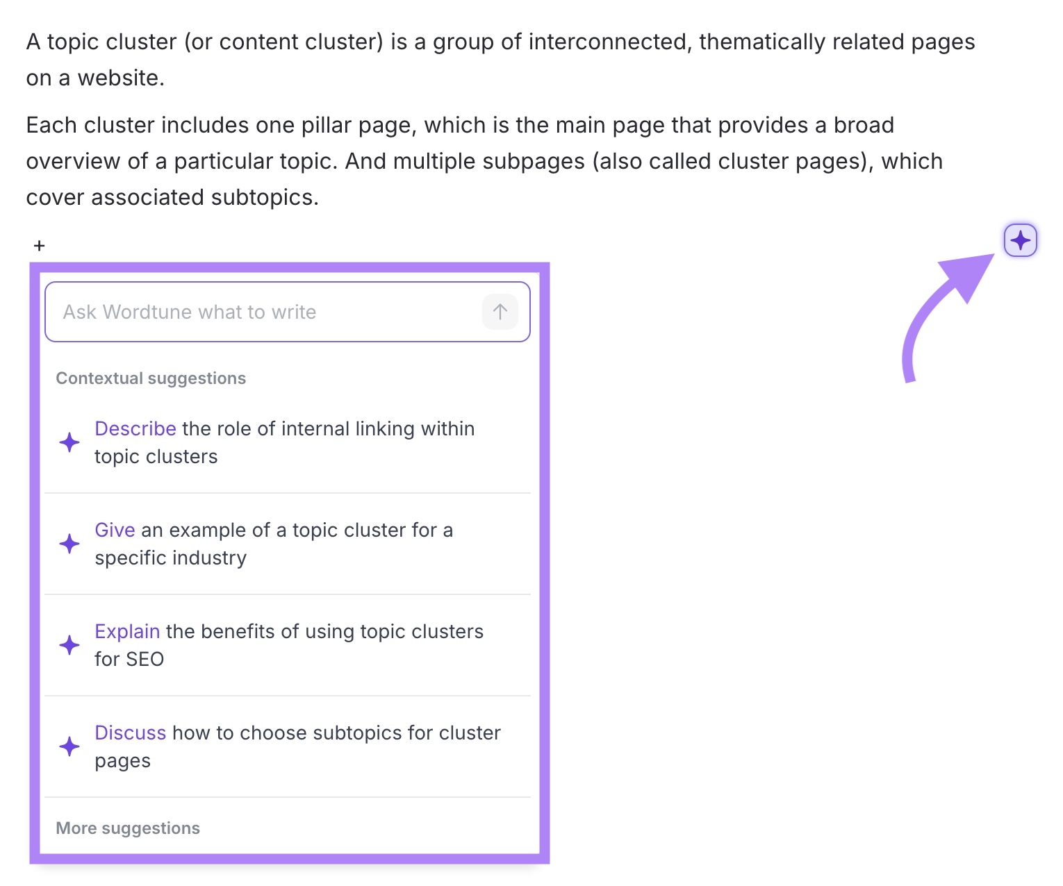 The cross symbol on WordTune clicked showing contextual suggestions to expand on the topic.