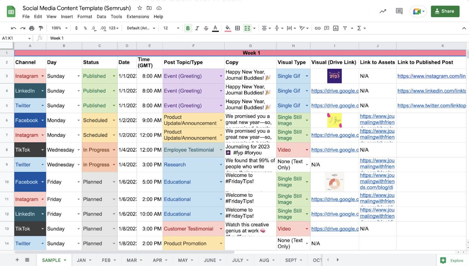 A social media content calendar template by Semrush